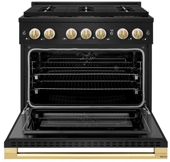 ZLINE Marino 36" Black Stainless Steel Pro Style Dual Fuel Range with 6-Burner DuoPro™ Cooktop and Electric Convection Oven and Polished Gold Accents-1