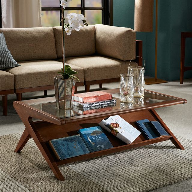 Olliix by INK+IVY Pecan Rocket Tempered Glass Coffee Table with Pecan Base-2