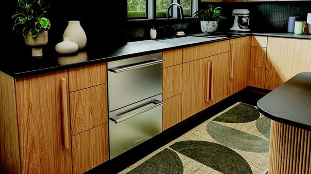 Credit: KitchenAid Front view of a modern kitchen with KitchenAid refrigerator drawers