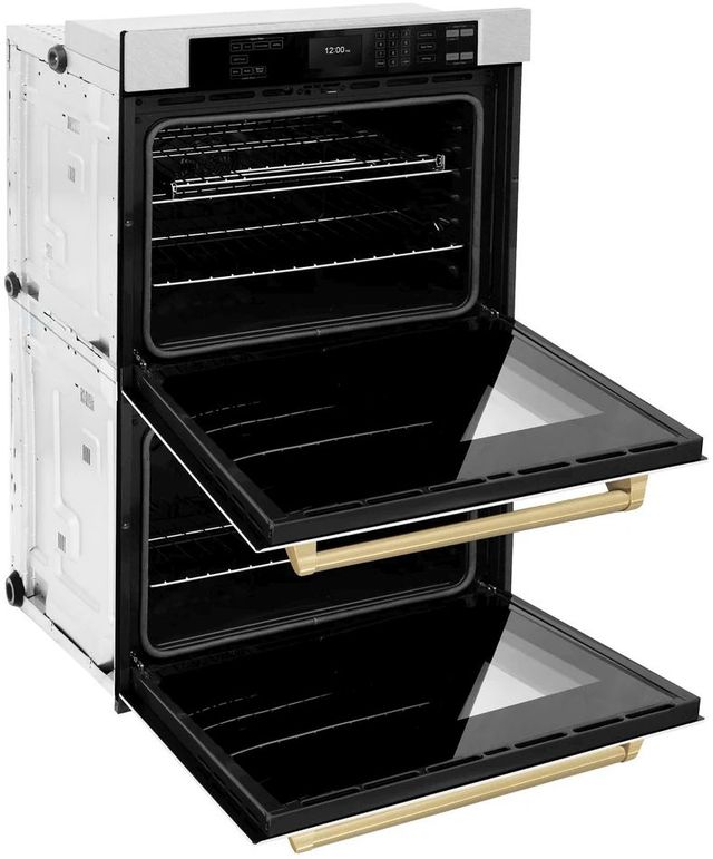 ZLINE Autograph Edition Professional 30" Satin Stainless Steel Double Electric Wall Oven with White Matte Doors and Champagne Bronze Accents-3