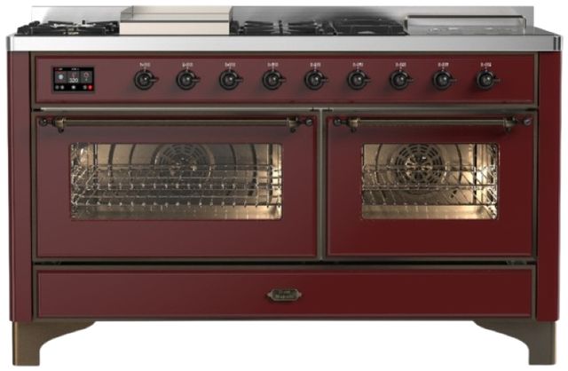 Ilve® Majestic III 60" Burgundy Pro Style Dual Fuel Liquid Propane Range with French Top and Burnished Trim-0