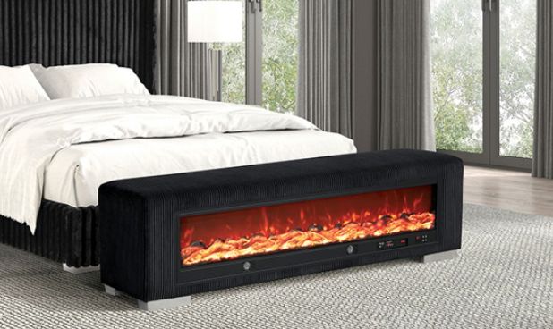Furniture of America® Elnath Black Bench with Visual Wood Log Fireplace-1