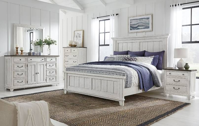 Liberty Furniture River Place 4-Piece Riverstone White/Tobacco King Panel Bed Set