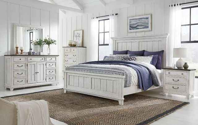 Liberty Furniture River Place 4-Piece Riverstone White/Tobacco King Panel Bed Set-0