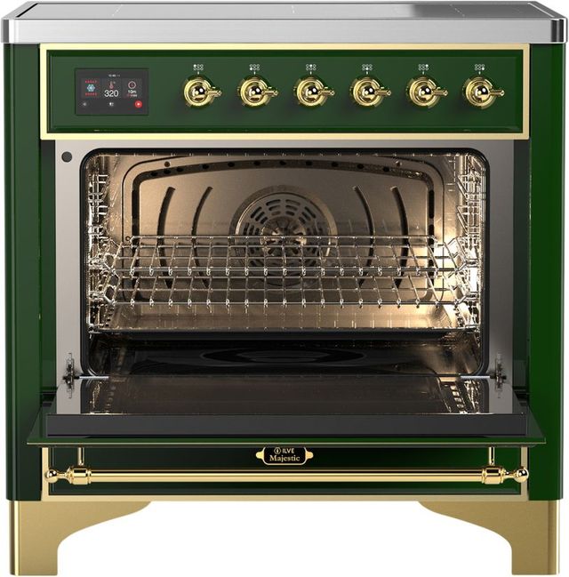Ilve® Majestic III 36" Emerald Green Pro Style Induction Range with Triple Glass Door and Brass Trim-1