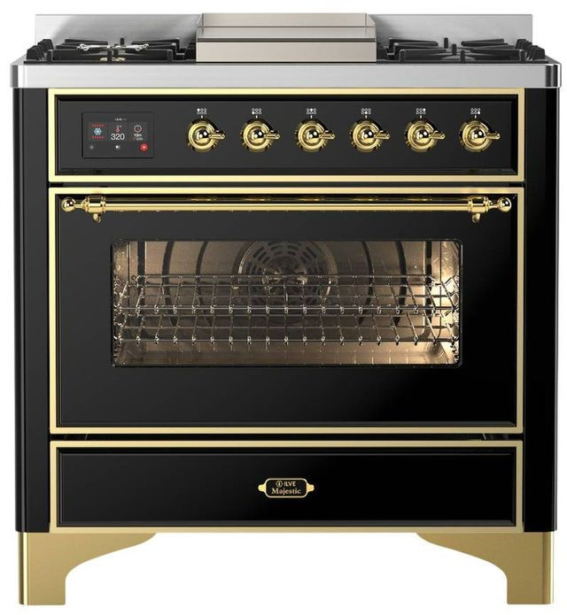 Ilve® Majestic III 36" Glossy Black Pro Style Dual Fuel Natural Gas Range with Triple Glass Door and Brass Trim-0