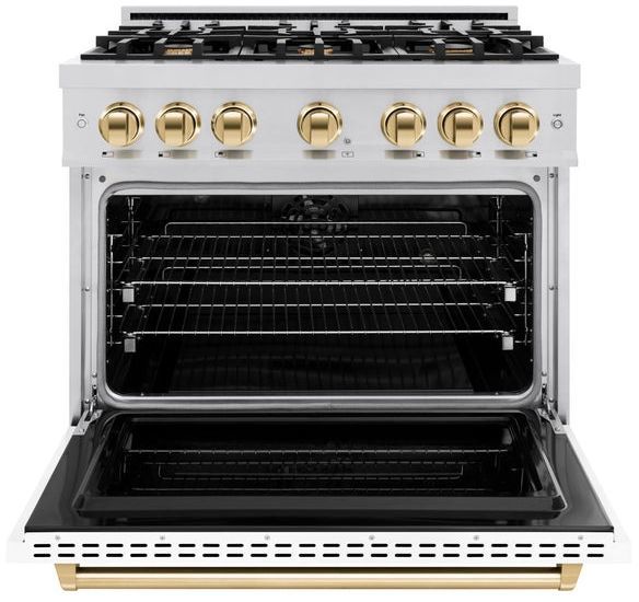 ZLINE Classic Series Autograph Edition 36" Stainless Steel Pro Style Dual Fuel Range with White Matte Door and Polished Gold Accents-3