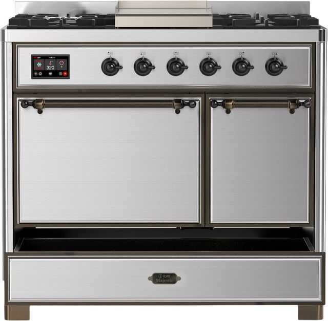 Ilve® Majestic III 40" Stainless Steel Pro Style Dual Fuel Natural Gas Range with Solid Door and Burnished Trim-1