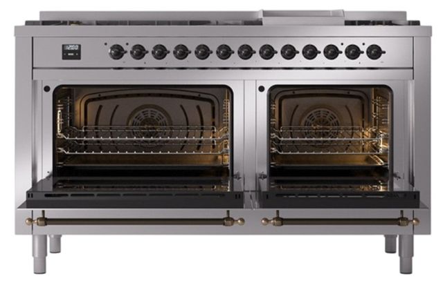Ilve® Nostalgie II Noblesse 60'' Stainless Steel Pro Style Dual Fuel Range with Burnished Trim-1