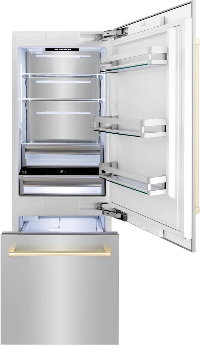 ZLINE Autograph Edition 30 in. 16.1 Cu. Ft. Stainless Steel/Gold Bottom Freezer Refrigerator-2