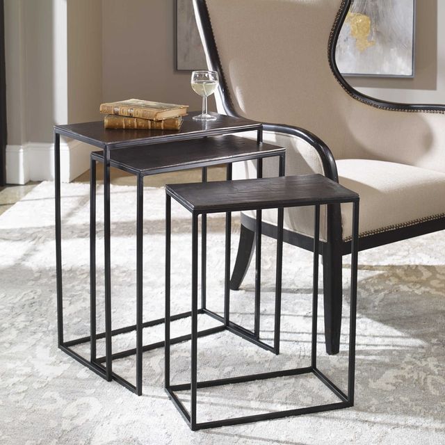 Uttermost® Coreene 3-Piece Antique Bronze Nesting Table Set with Aged Black Base-3