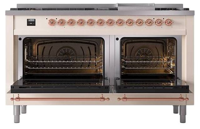 Ilve® Nostalgie II Noblesse 60'' Antique White Pro Style Dual Fuel Range with Copper Trim-2