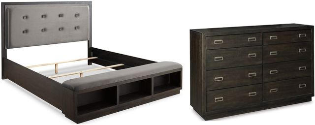 Signature Design by Ashley® Hyndell 2-Piece Dark Brown Queen Upholstered Storage Panel Bed Set-0