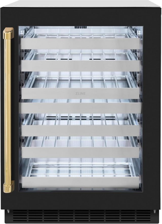 ZLINE Touchstone Autograph Edition 4.8 Cu. Ft. Stainless Steel Wine Cooler with Black Matte Glass Door and Polished Gold Handle