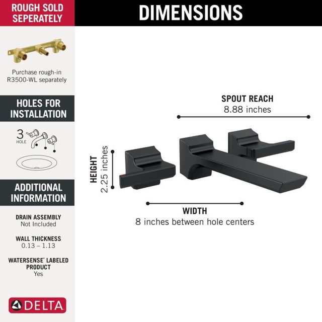 Delta Pivotal® Matte Black 2-Handle Wall Mount Bathroom Faucet Trim-3