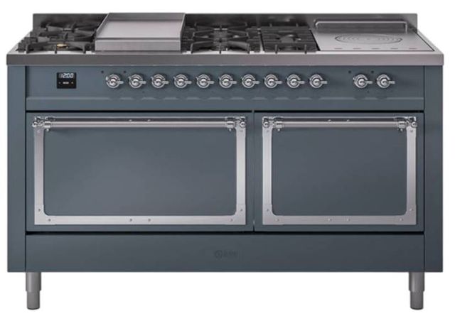 Ilve® Nostalgie II Noblesse 60'' Blue Gray Pro Style Dual Fuel Range with Chrome Trim-0