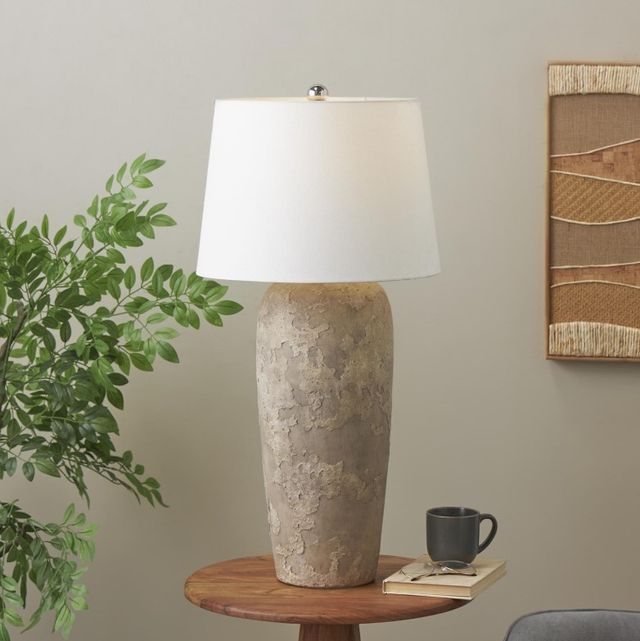 Deco Marche Light Brown Tall Distressed Antique Style Textured Room Table Lamp with Cream Linen Shade-2