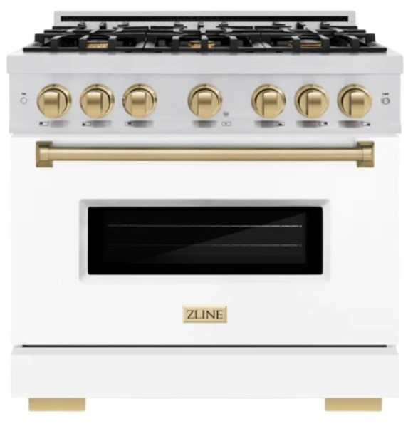 ZLINE Autograph Edition 36 in. 5.2 cu. ft. Classic Gas Range with 6 Burner Cooktop and Convection Gas Oven in Stainless Steel with White Matte Door and Champagne Bronze Accents (CGRZ-WM-36-CB)