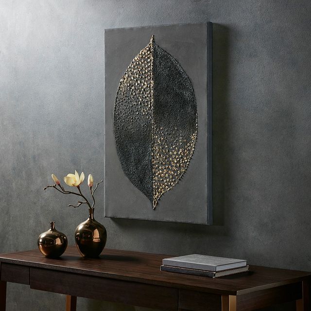 Olliix by Madison Park Charcoal Leaf Charcoal/Gold Heavy Textured Canvas with Gold Foil Embellishment-4