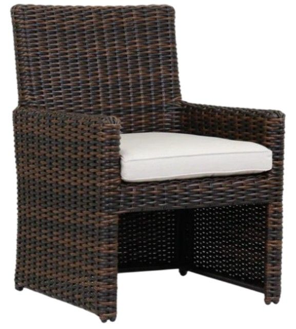 Sunset West Montecito Cognac Resin Wicker Outdoor Dining Arm Chair with Canvas Flax Cushion-0
