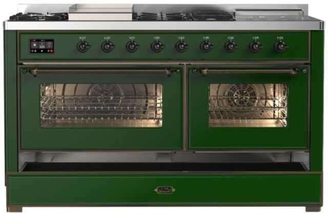 Ilve® Majestic III 60" Emerald Green Pro Style Dual Fuel Liquid Propane Range with French Top and Burnished Trim-2