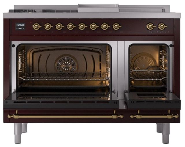 Ilve® Nostalgie II Noblesse 48'' Burgundy Pro Style Dual Fuel Range with Brass Trim-1