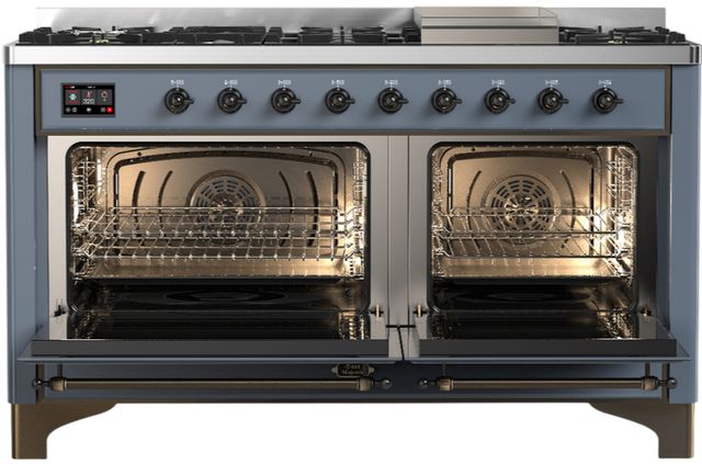 Ilve® Majestic III 60" Blue Gray Pro Style Dual Fuel Liquid Propane Range with Triple Glass Door and Burnished Trim-1