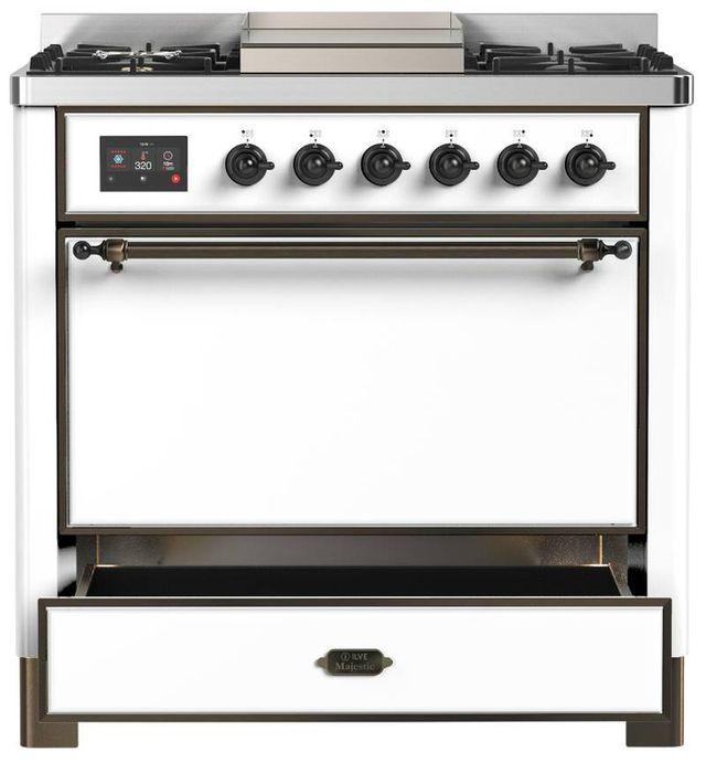 Ilve® Majestic III 36" White Pro Style Dual Fuel Liquid Propane Range with Solid Door and Burnished Trim-3