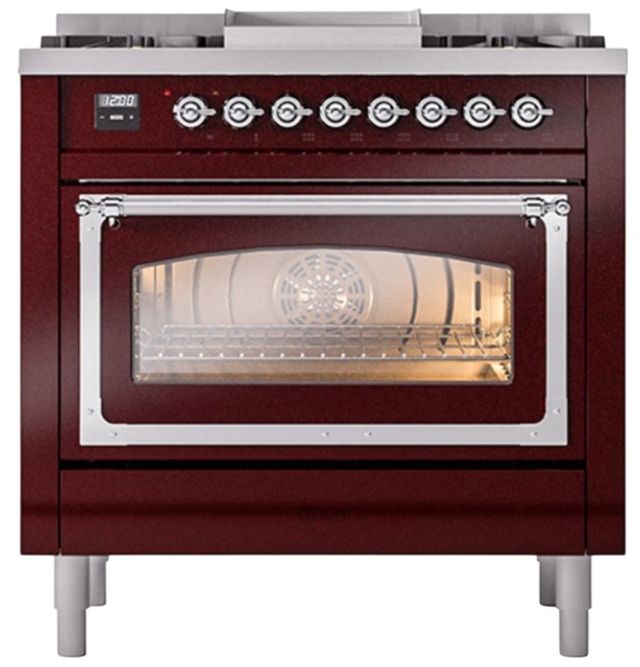 Ilve® Nostalgie II Noblesse 36'' Burgundy Pro Style Dual Fuel Range with Chrome Trim-1