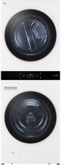 LG Studio WashTower™ 5.0 Cu. Ft. Washer, 7.4 Cu. Ft. Dryer Essence White Stack Laundry Front view of the LG Studio WashTower™ 5.0 Cu. Ft. Washer, 7.4 Cu. Ft. Dryer Essence White Stack Laundry