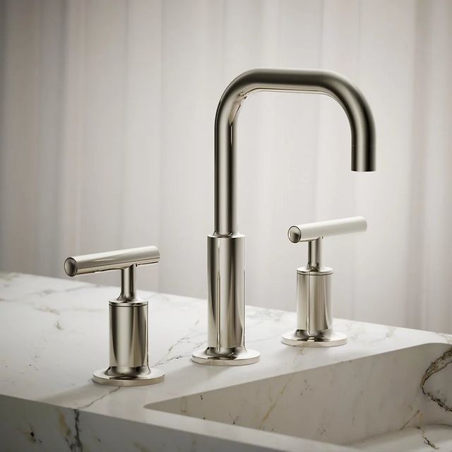 KOHLER® Purist® Vibrant Polished NIckel 8" Widespread Bathroom Sink Faucet with Lever Handles-3