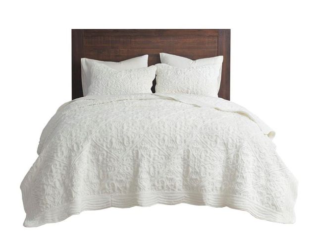 Olliix by Madison Park Aster 3 Piece Ivory King/California King Embroidered Faux Fur Coverlet Set-0