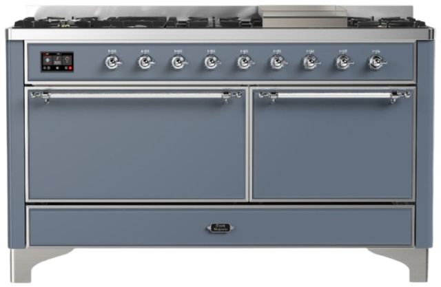 Ilve® Majestic III 60" Blue Gray Pro Style Dual Fuel Liquid Propane Range with Solid Door and Chrome Trim-0