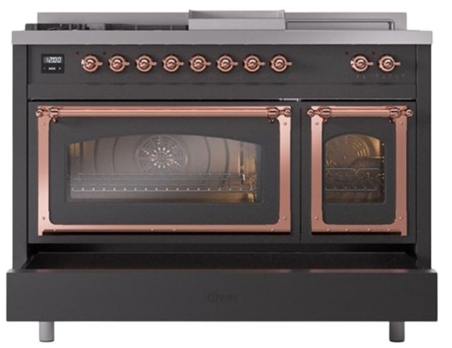 Ilve® Nostalgie II Noblesse 48'' Graphite Matte Pro Style Dual Fuel Range with Copper Trim-3