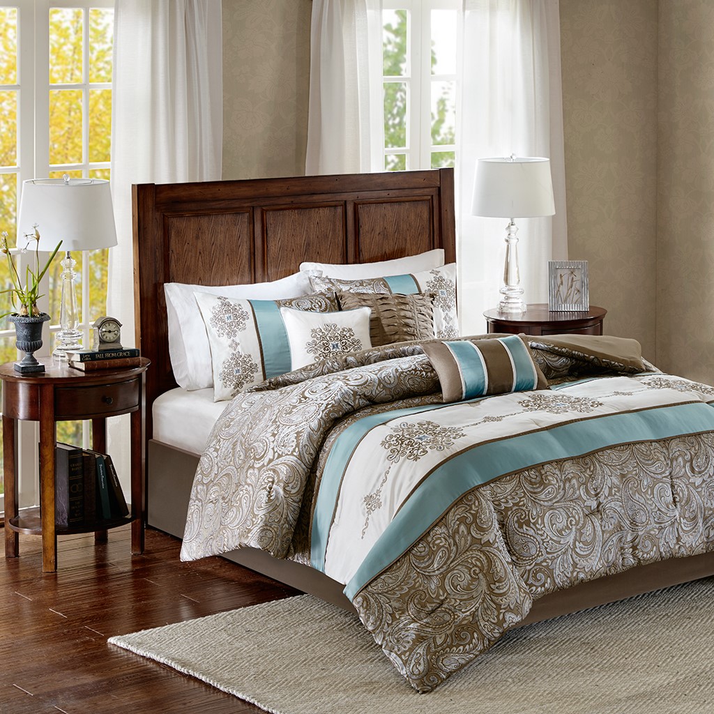 Madison Park Queen Caroline Jacquard 7-Piece Comforter Set, Blue, image size:1024x1024