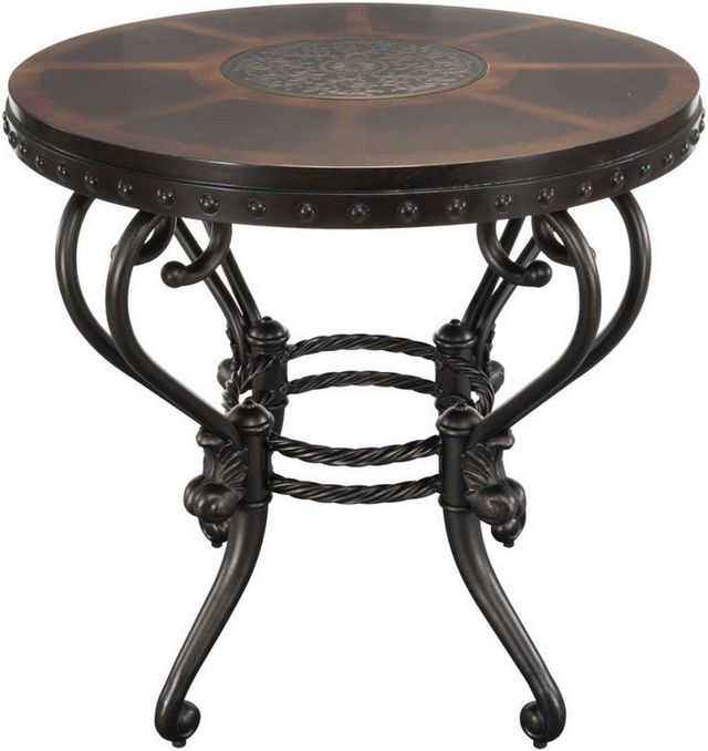 Mazin Furniture Jenkins Dark Cherry Round End Table with Tobacco Metal Base -0