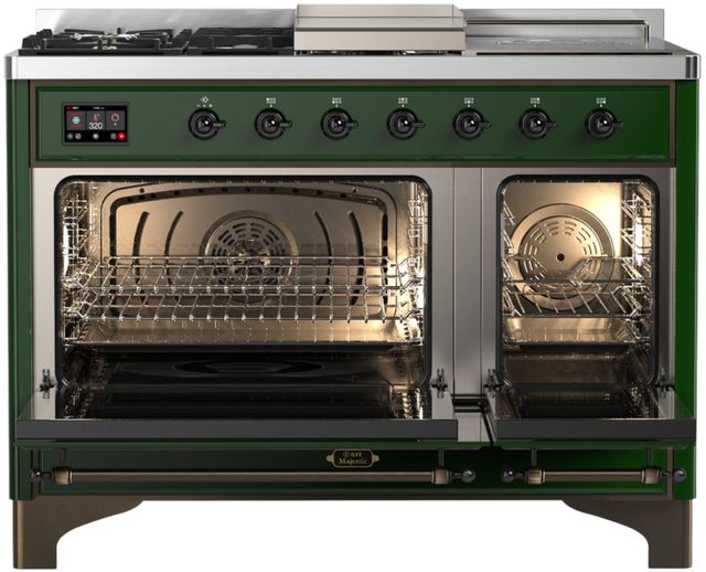 Ilve® Majestic III 48" Emerald Green Pro Style Dual Fuel Liquid Propane Range with 5 Black Brass Burners and Burnished Trim-1