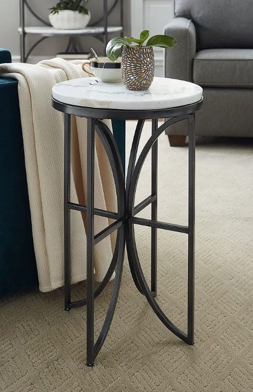 Hammary® Impact White Marble Top Small Round Accent Table with Bronze/Silver Base-2
