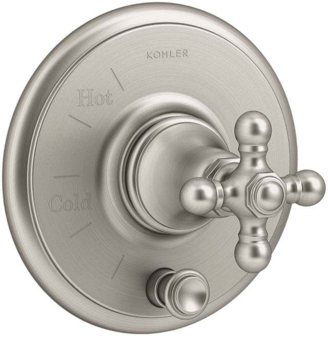 KOHLER® Artifacts® Rite-Temp® Vibrant Brushed Nickel Valve Trim with Push-Button Diverter and Cross Handle-0