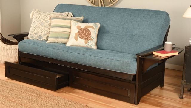 Kodiak Furniture Phoenix Linen Aqua/Espresso Full Storage Futon with Mattress-1