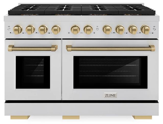 ZLINE Autograph Edition Paramount 48" 6.7 Cu. Ft. Stainless Steel Gas Range with 8 Burner DuoPro™ Cooktop and Dual Ovens with Champagne Bronze Helix Handles and Accents-0