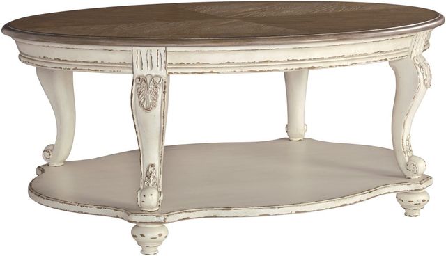 Signature Design by Ashley® Realyn Distressed Wood Oval Cocktail Table with Chipped White Base-0