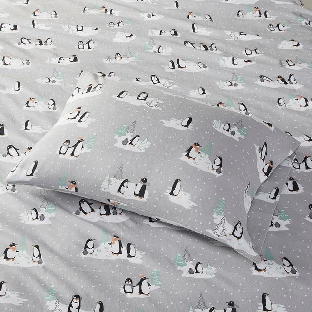 Olliix by True North by Sleep Philosophy Grey Penguins King Cozy 100% Cotton Flannel Printed Sheet Set-1