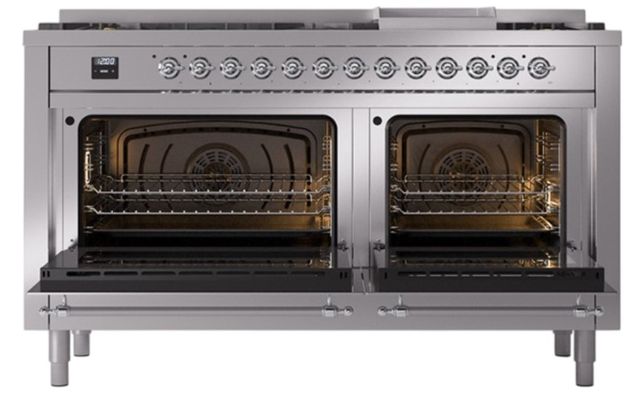 Ilve® Nostalgie II Noblesse 60'' Stainless Steel Pro Style Dual Fuel Range with Chrome Trim-1