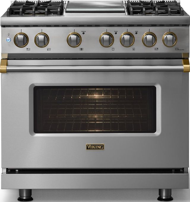 Viking® 5 Series 36" Stainless Steel Pro Style Dual Fuel (LP) Range with Brushed Brass Trim-2