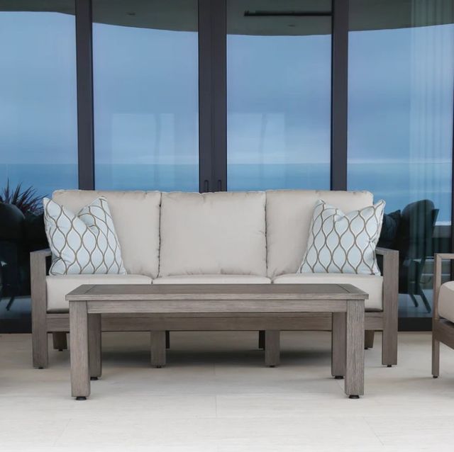 Sunset West Laguna Driftwood Aluminum Outdoor Sofa with Canvas Flax Cushion-4