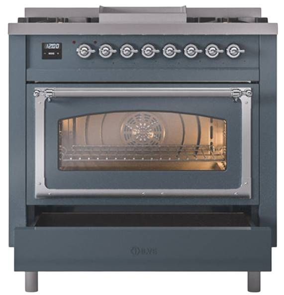 Ilve® Nostalgie II Noblesse 36'' Blue Gray Pro Style Dual Fuel Range with Chrome Trim-3