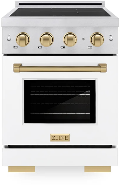 ZLINE Autograph Edition 24 in. 3.2 cu. ft. Paramount Induction Range with 3 Element Cooktop and Electric Convection Oven in Satin Stainless Steel with White Matte Door and Champagne Bronze Accents (SINRSZ-WM-24-CB)