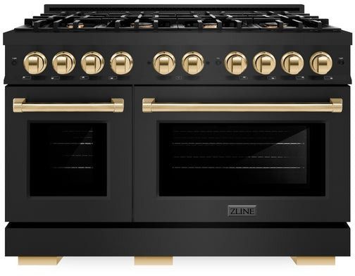 ZLINE 48" Black Stainless Steel Pro Style Dual Fuel Range with Polished Gold Accents