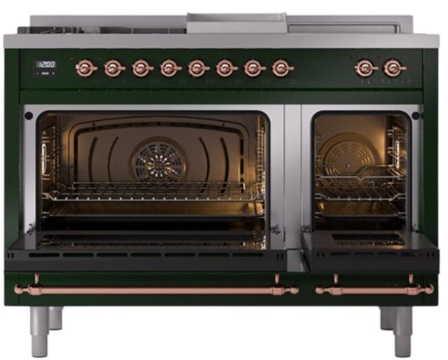 Ilve® Nostalgie II Noblesse 48'' Emerald Green Pro Style Dual Fuel Range with Copper Trim-1